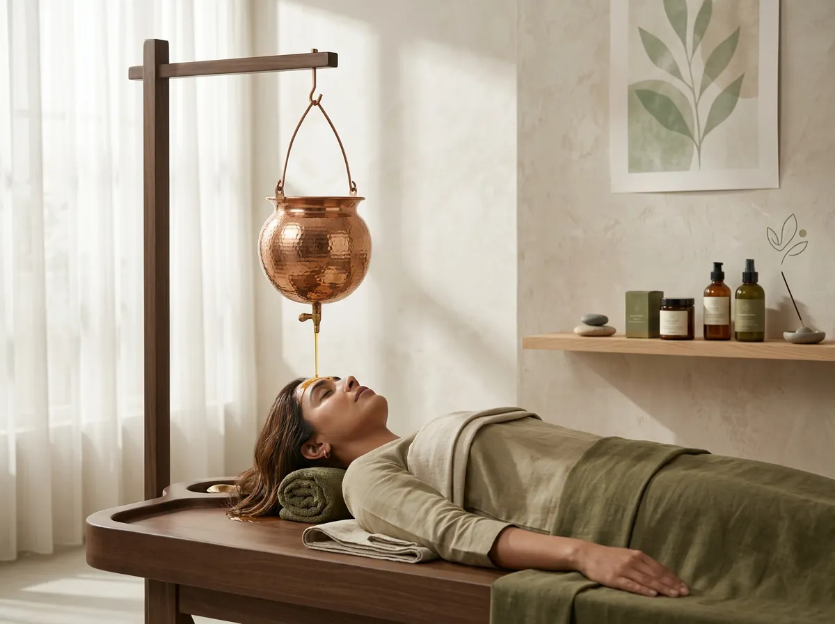 Traditional Ayurvedic oil therapy , ancient healing roots at Aura