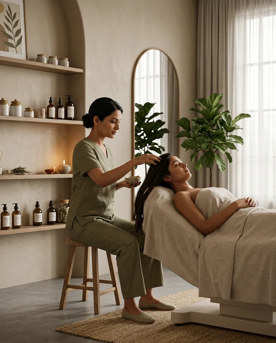 Localized Abhyangam warm oil massage of head, neck and shoulders